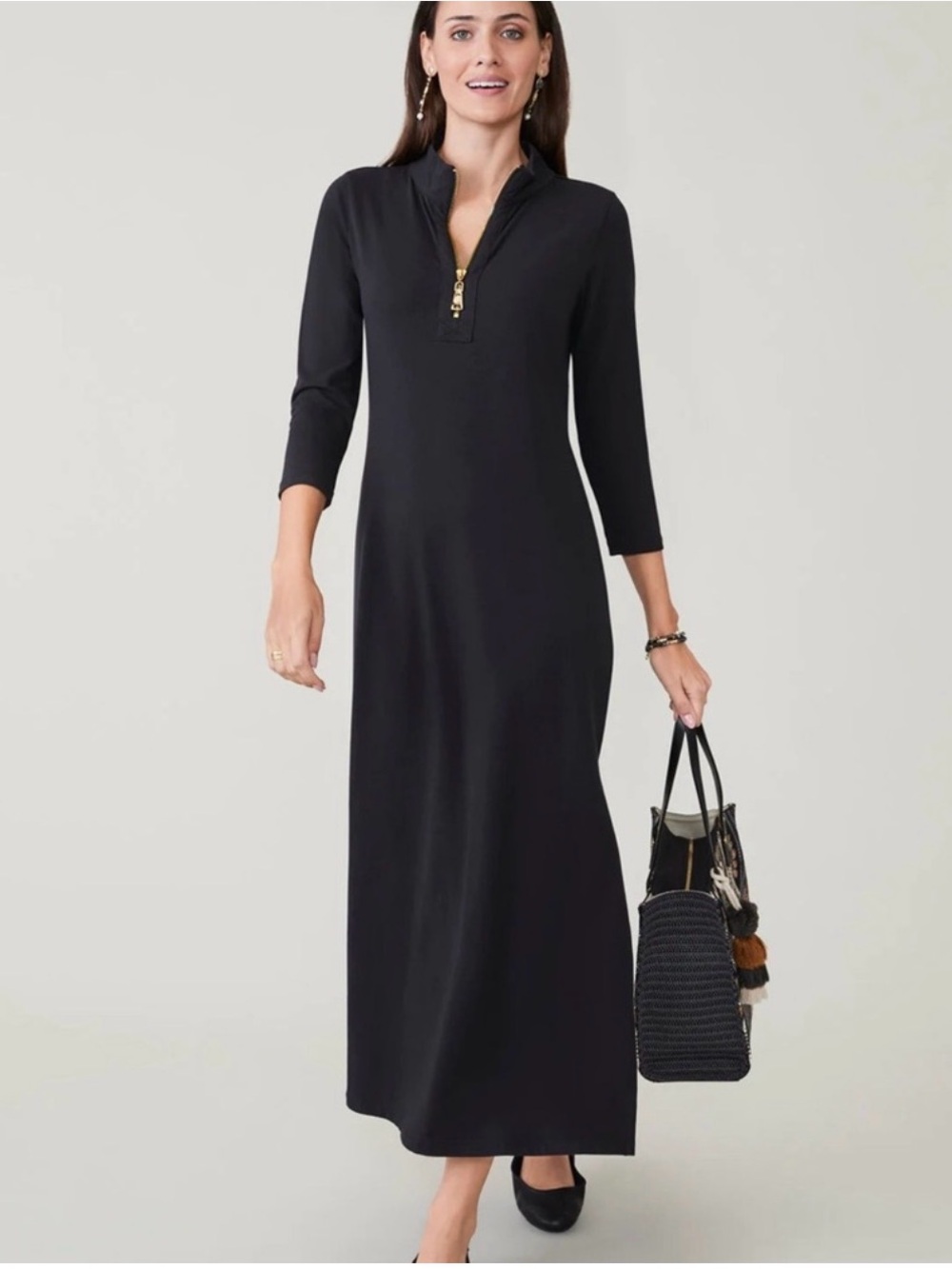 SPARTINA 449 Nora Black Long Sleeve Maxi Dress with Gold Zip Large